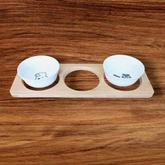 Comesoon ceramic cat Bowls Set of 2 Food/Water / Black & white with wood Holder - Picture 1 of 13